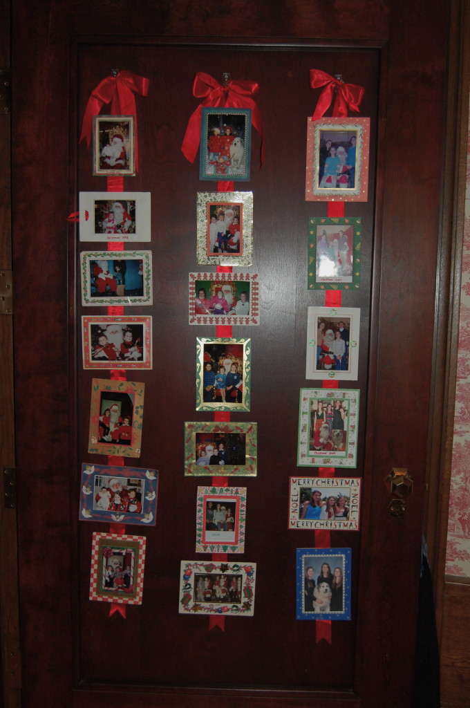 My favorite discovery! Lori has made a display of all her photo Christmas cards beginning in 1992 the year their first daughter arrived. Santa and Kirby the dogs are frequently featured. 